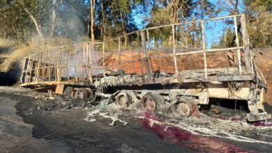 Carreta em chamas na Br-153 provoca caos no trânsito entre Professor Jamil e Goiânia