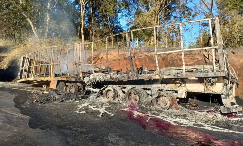 Carreta em chamas na Br-153 provoca caos no trânsito entre Professor Jamil e Goiânia