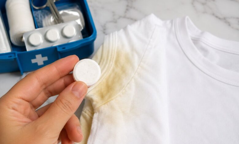 Comprimido do kit de primeiros socorros: truque viral promete remover manchas de suor e amarelado das roupas