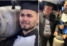 Emoção na formatura: filho homenageia pai com botijão de gás após 26 anos de trabalho