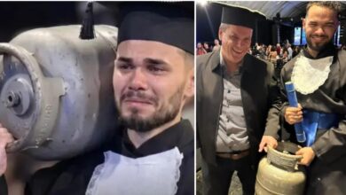 Emoção na formatura: filho homenageia pai com botijão de gás após 26 anos de trabalho