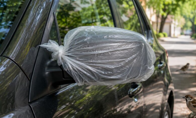 Por que motoristas cobrem o retrovisor do carro com saco plástico e como isso ajuda
