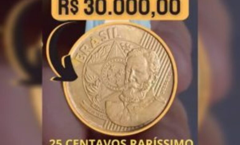 Moeda rara de 25 centavos com erro de cunhagem alcança valores de até R$ 30 mil
