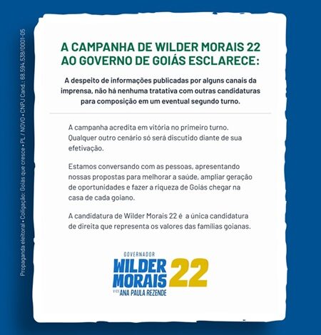 Campanha de Wilder Morais nega acordo com Marconi Perillo para segundo turno em Goiás