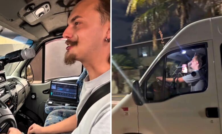 Cantor sertanejo inova com estúdio em van para divulgar DVD no trânsito de Goiânia