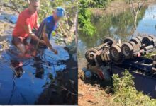 Resgate bombeiro: militar quebra para-brisa com pedra e salva vida em caminhão submerso na Br-060