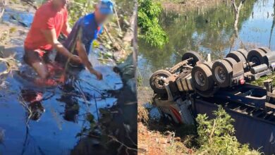 Resgate bombeiro: militar quebra para-brisa com pedra e salva vida em caminhão submerso na Br-060