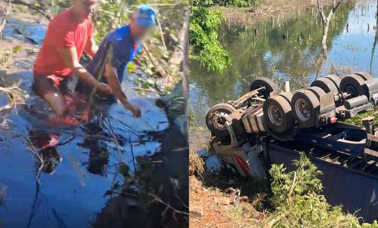Resgate bombeiro: militar quebra para-brisa com pedra e salva vida em caminhão submerso na Br-060