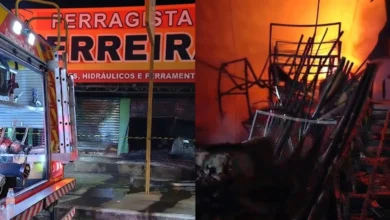 Incêndio de grandes proporções consome ferragista e atinge comércios em Goiânia