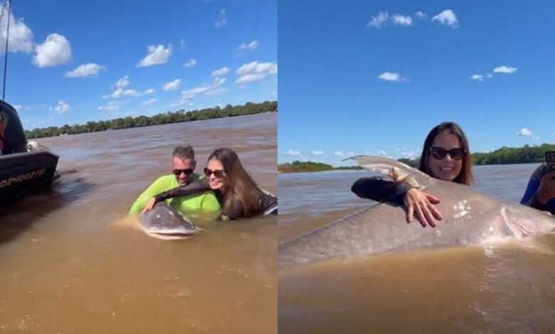 Pesca esportiva no Araguaia: casal de dentistas captura piraíba gigante e a devolve ao rio