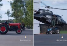 Gusttavo Lima em trator vintage recepciona Graer de helicóptero e vídeo agita redes sociais