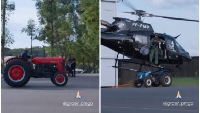 Gusttavo Lima em trator vintage recepciona Graer de helicóptero e vídeo agita redes sociais