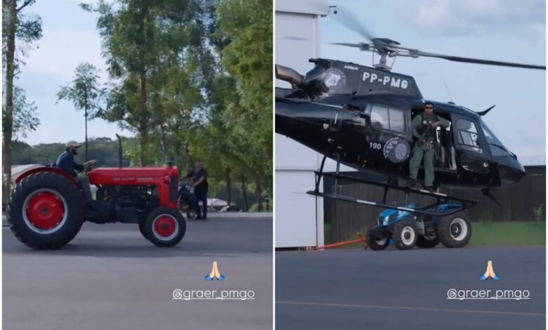 Gusttavo Lima em trator vintage recepciona Graer de helicóptero e vídeo agita redes sociais