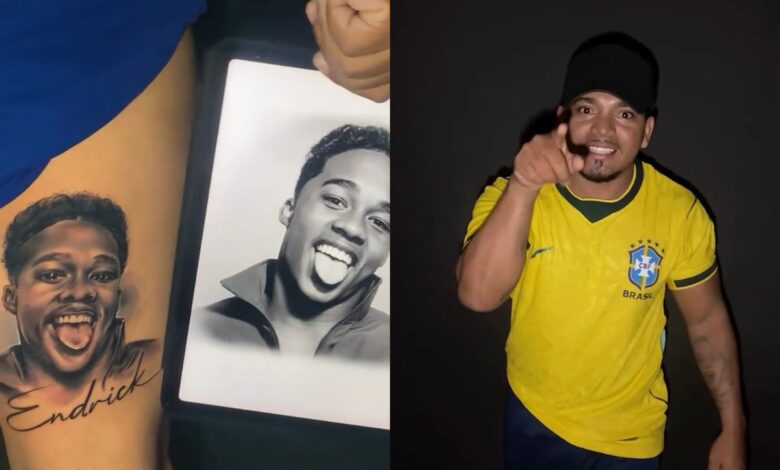 Influenciador goiano tatua rosto de Endrick e faz aposta ousada pelo hexa