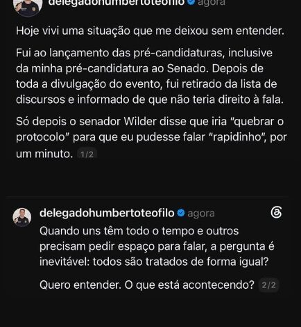 Delegado Humberto Teófilo questiona igualdade em evento do PL após ter fala restrita
