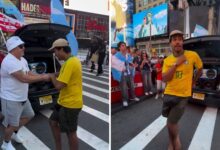 Times Square vira palco de dança viral entre goiano e argentinos na Copa do Mundo