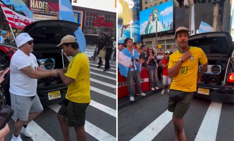 Times Square vira palco de dança viral entre goiano e argentinos na Copa do Mundo