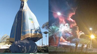 Fogo consome estátua de Nossa Senhora Aparecida em Nerópolis e polícia apura origem do incêndio