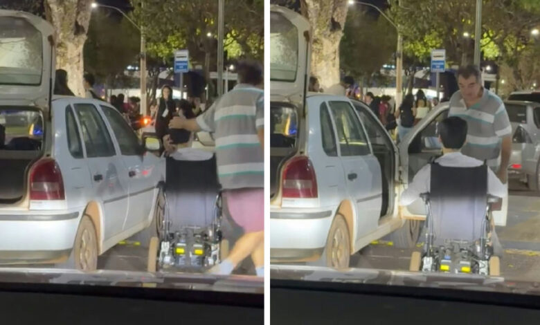 Cuidado de pai ao buscar filho cadeirante na faculdade comove internautas em Goiás