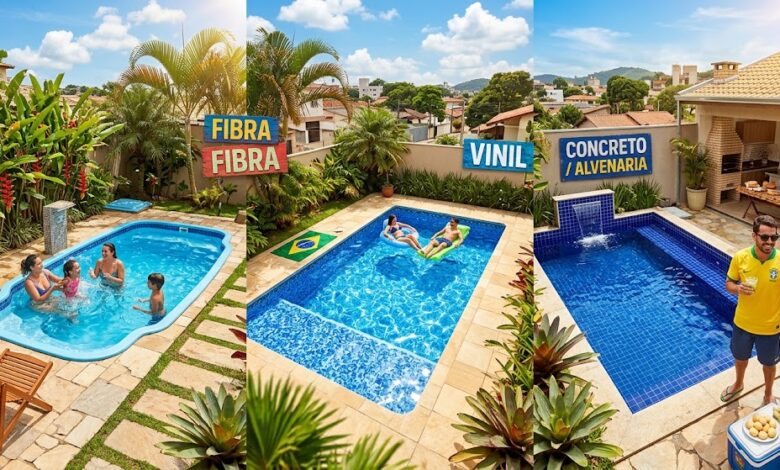 Guia completo compara custos e durabilidade das piscinas de fibra, vinil e concreto para sua obra