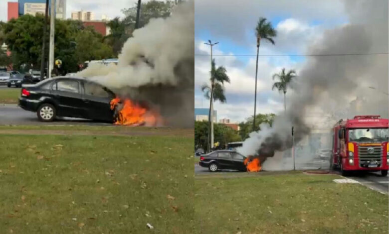 Incêndio em veículo assusta transeuntes na Praça Universitária de Goiânia