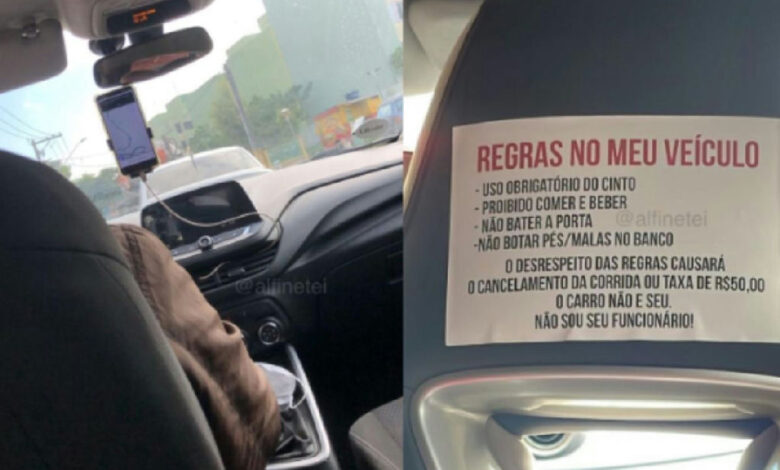 Placa de regras em carro de aplicativo gera debate sobre direitos e deveres de motoristas e passageiros
