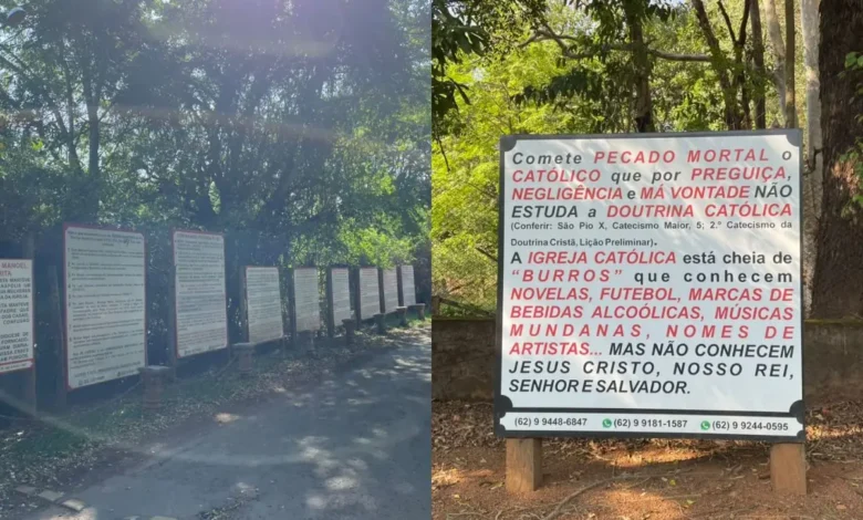 Anápolis: placas com mensagens polêmicas sobre fiéis e práticas católicas reacendem debate