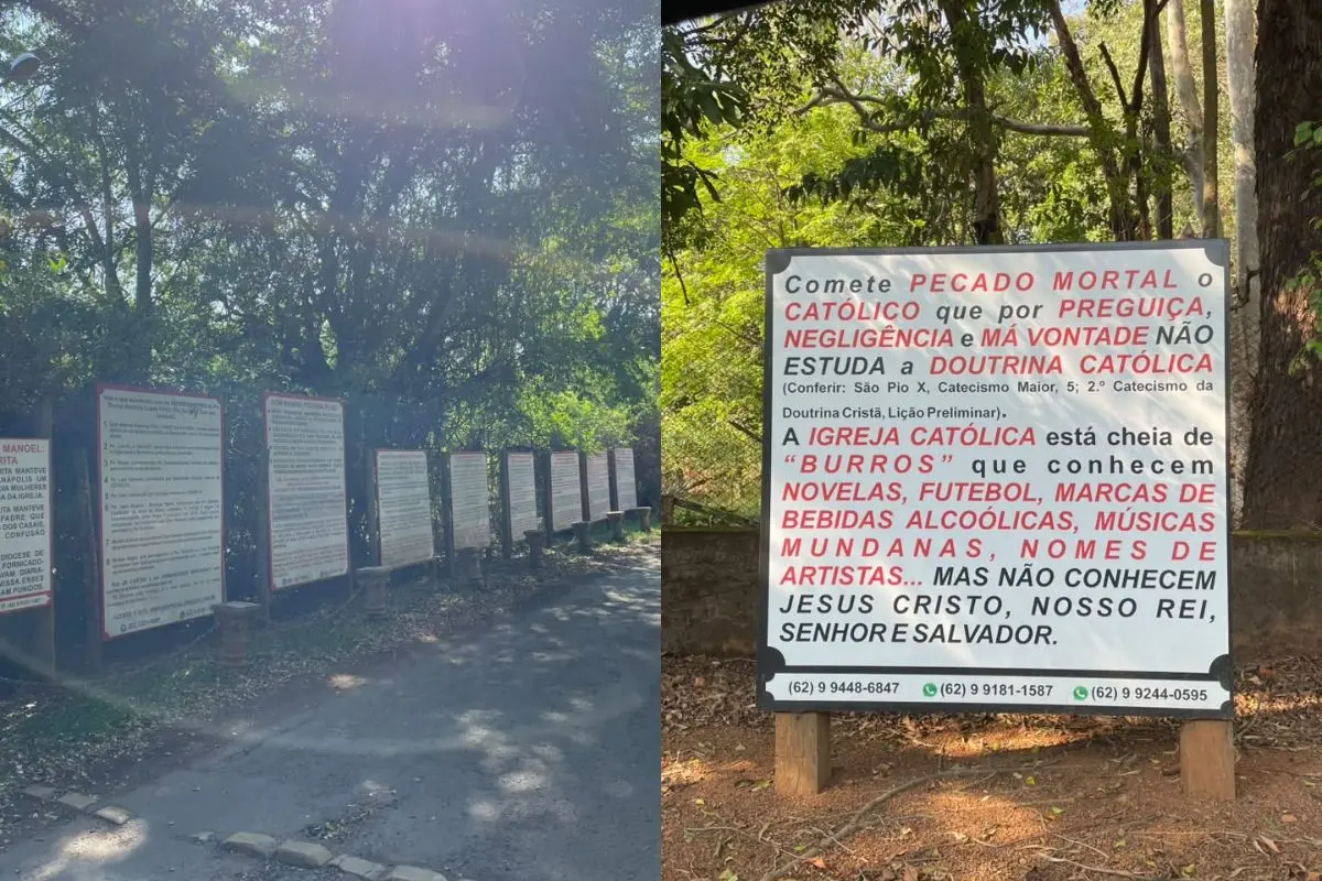 Anápolis: placas com mensagens polêmicas sobre fiéis e práticas católicas reacendem debate