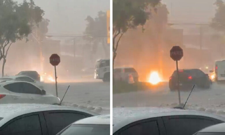 Explosão de transformador em Goiânia: chamas e apagão em meio à forte chuva