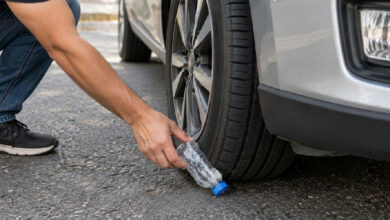 Garrafa plástica presa ao pneu do carro exige atenção redobrada de motoristas