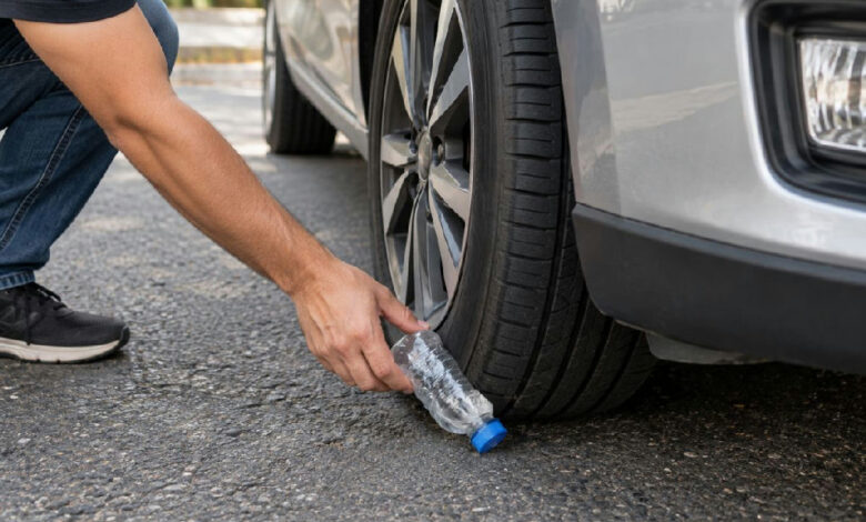 Garrafa plástica presa ao pneu do carro exige atenção redobrada de motoristas
