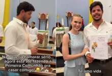 Médica diverte web ao mostrar noivo fazendo primeira comunhão para casar