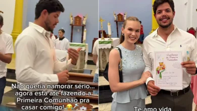 Médica diverte web ao mostrar noivo fazendo primeira comunhão para casar