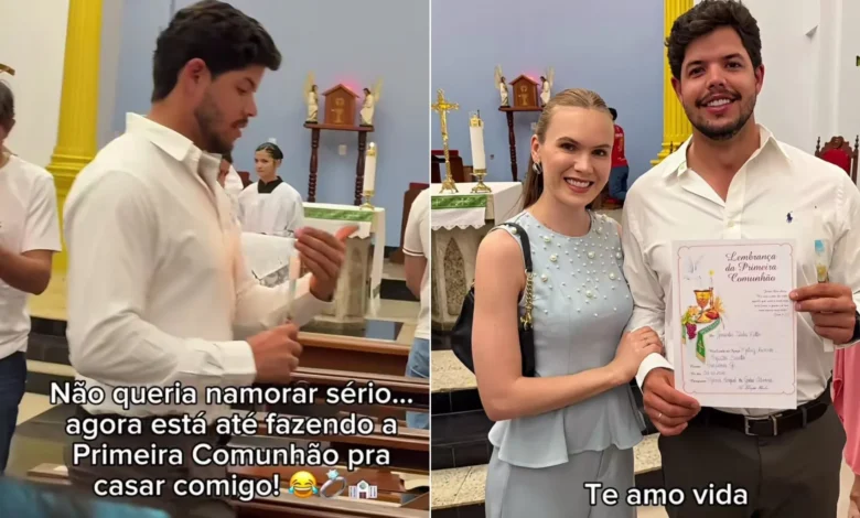 Médica diverte web ao mostrar noivo fazendo primeira comunhão para casar