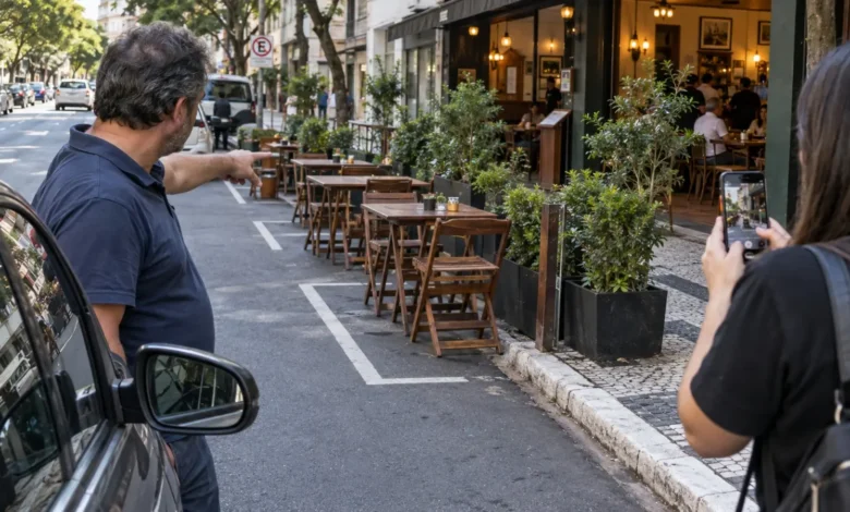 Motorista aciona agentes após restaurante ocupar vagas de rua com mesas e cadeiras sem alvará