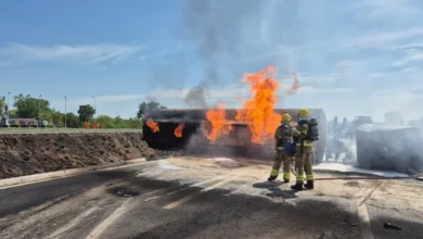 Motorista fica ferido após tombamento e incêndio de caminhão com diesel na BR-020 em Flores de Goiás